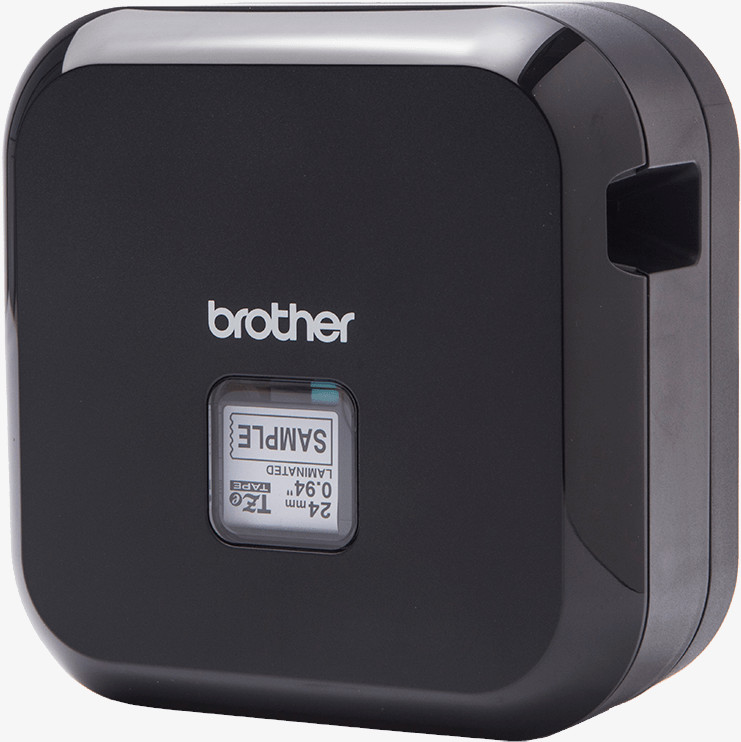 Zwarte Brother labelmaker. Een klein scherm toont de voorbeeldtekst. De merknaam staat vooraan.