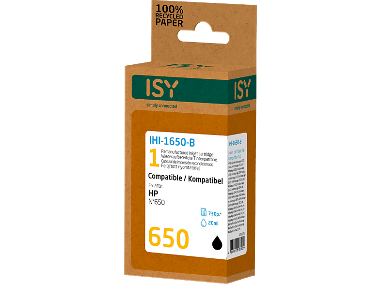 ISY HP No. 650 utángyártott tintapatron, fekete (IHI1650B)