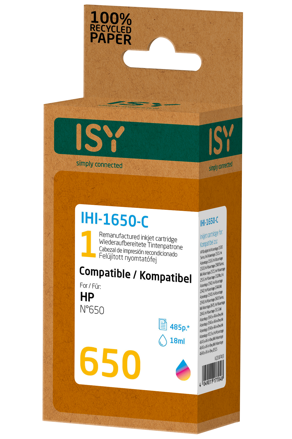 ISY HP No. 650 utángyártott tintapatron, színes (IHI1650C)