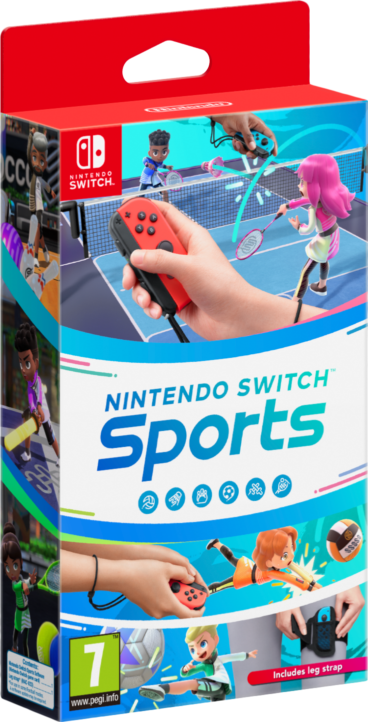 Nintendo Switch Sports játékkarton. Tenisz, tollaslabda, röplabda és foci jelenetek. Tartalmaz egy lábpántot.