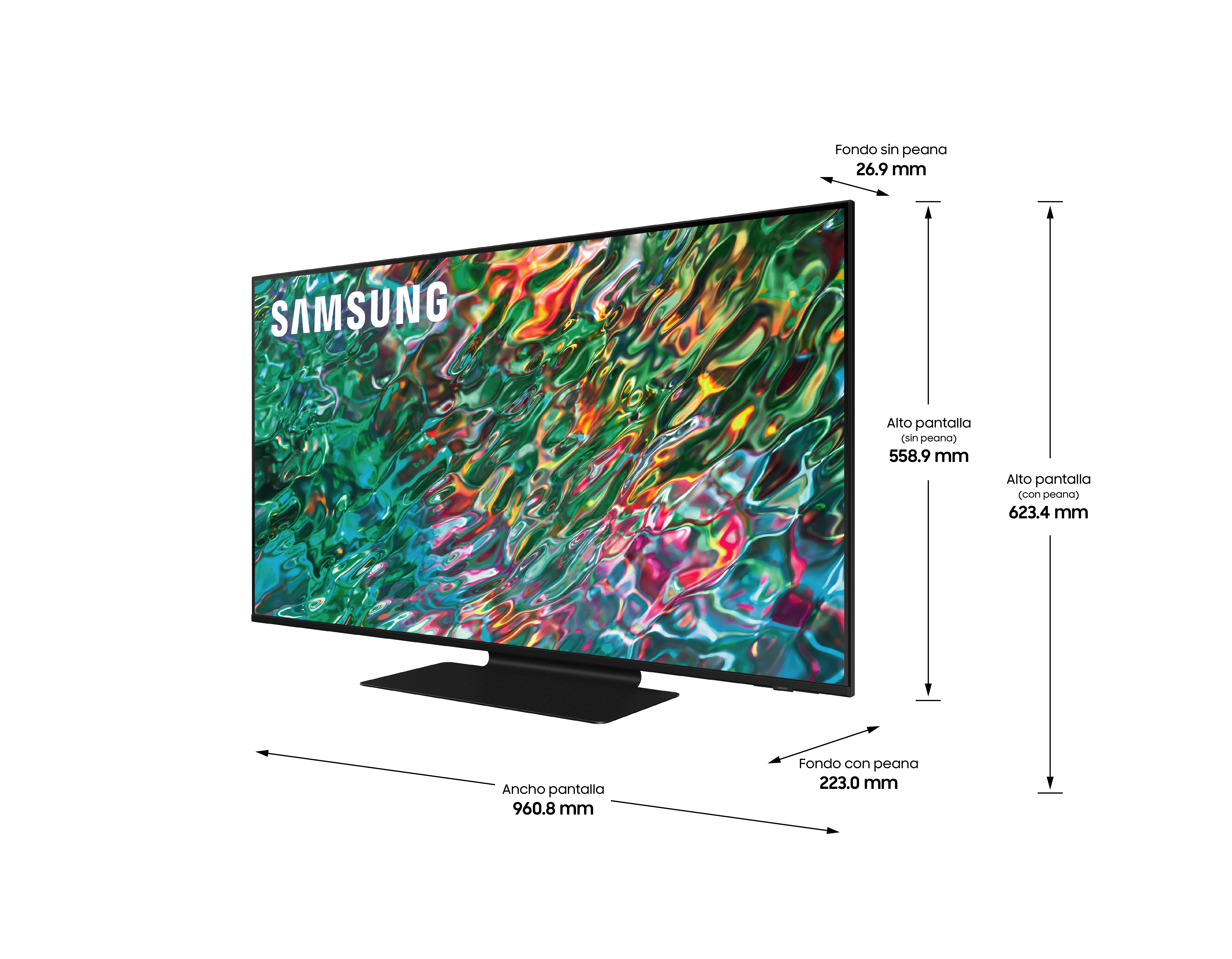 Televisor Samsung sobre fondo blanco. La pantalla del televisor muestra un patrón abstracto colorido. Se muestran las dimensiones.