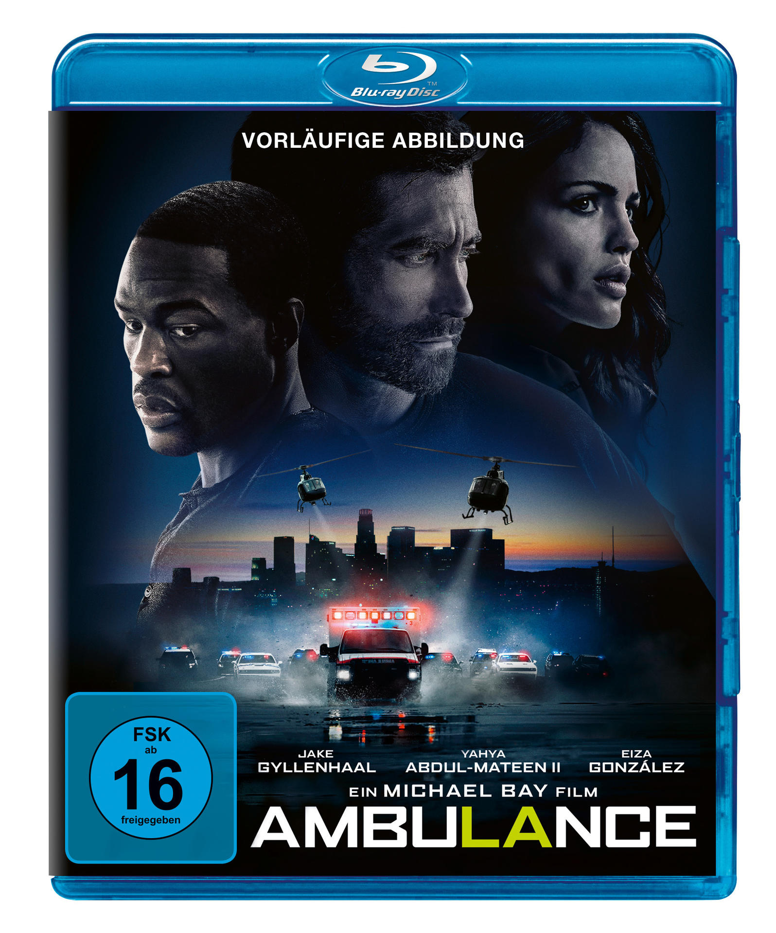 Filmplakat mit drei Personen, Polizeiautos und Krankenwagen bei Nacht.