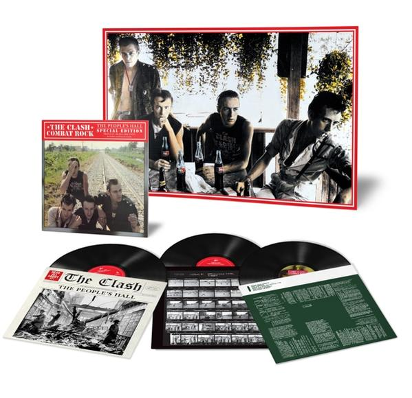 Das Clash Combat Rock Album-Set. Albumcover und Schallplatten. Weißer Hintergrund.
