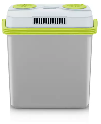 Glacière grise et blanche avec poignées vertes, couvercle avec aérations et deux éléments verts en forme de ventilateur.