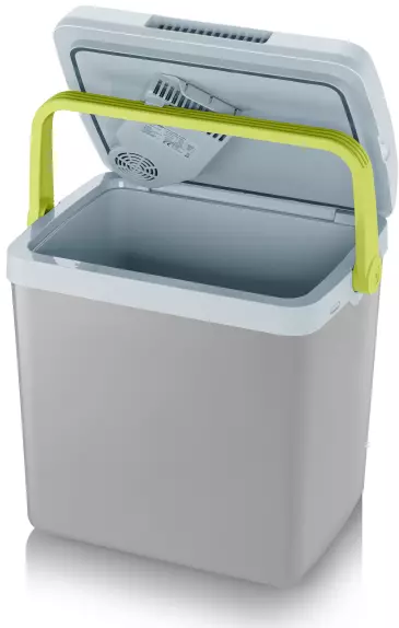 Une glacière grise avec une poignée verte, le couvercle est ouvert révélant l'intérieur.