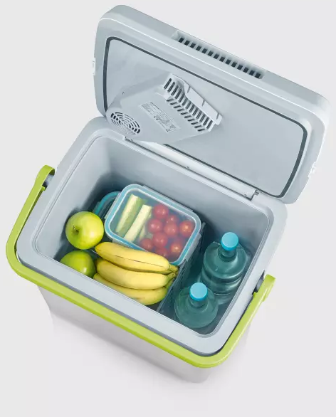 Glacière ouverte avec des aliments : pommes, bananes, tomates cerises et un récipient en plastique rectangulaire.