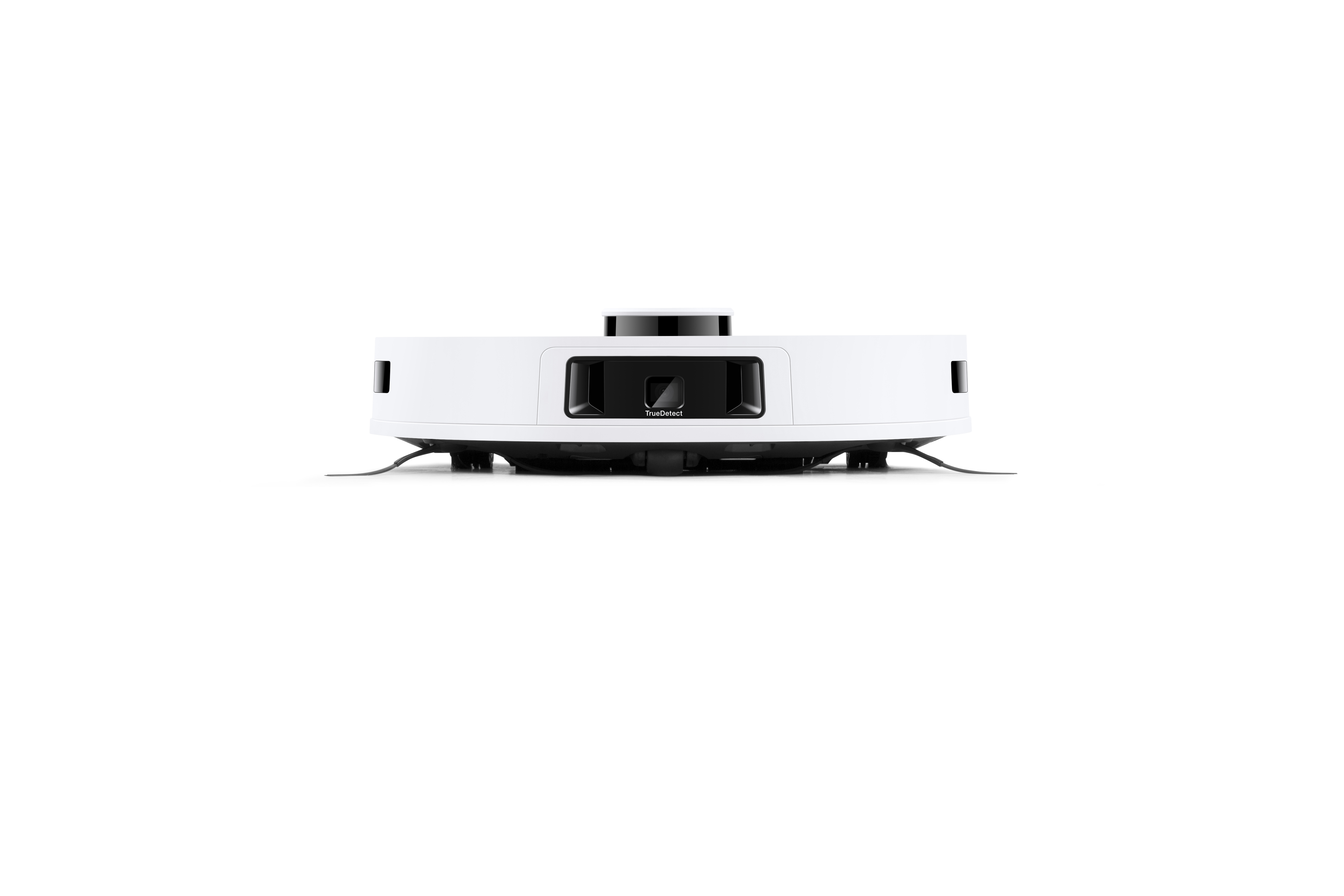 Beyaz robot süpürge, önden görünüm, siyah üst ve sensör.