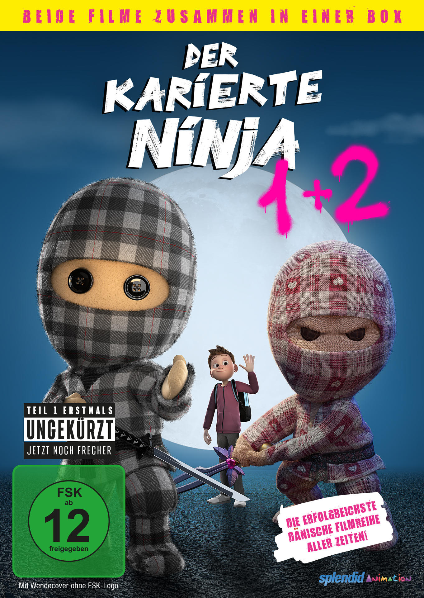 Filmcover für 'Der karierte Ninja'. Zwei Ninja-Figuren, ein Junge und Titel auf blauem Hintergrund.