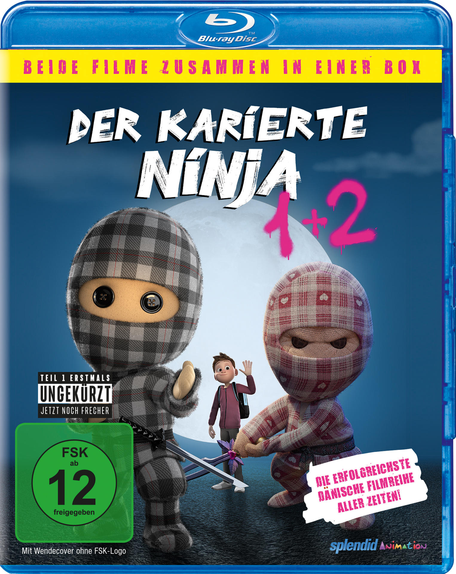 DVD-Cover für 'Der karierte Ninja 1+2'. Zeigt zwei Ninja-Charaktere und einen kleinen Jungen vor einem Mond.