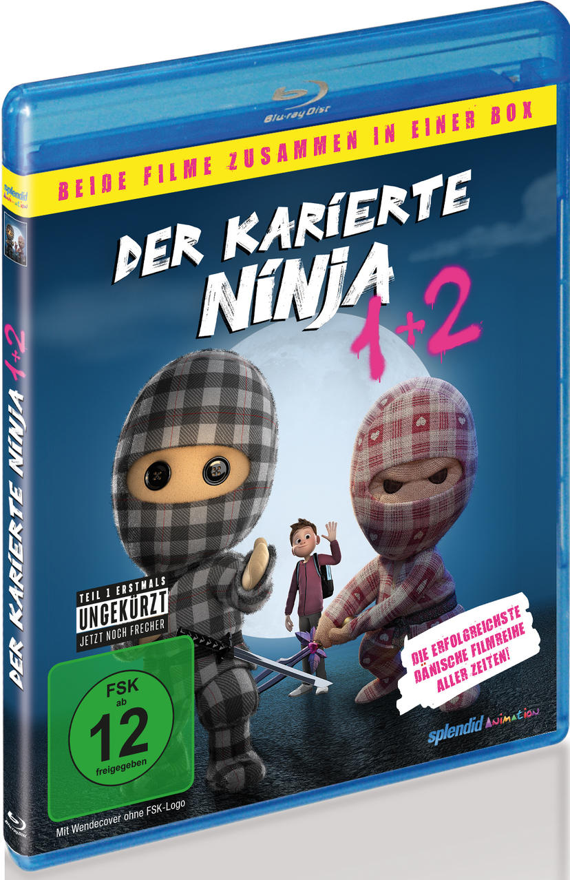 Blu-ray-Hülle für "Der karierte Ninja 1+2", mit Cartoon-Ninjas.