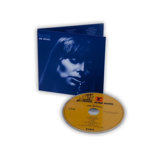 Joni Mitchells Album 'Blue' und die CD. Das Album ist blau mit ihrem Gesicht darauf.