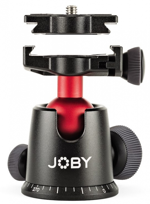 Black and red camera tripod head with a JOBY logo and adjustment knobs.