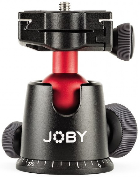A black and red tripod head with adjustable knobs and the brand name 'JOBY' is visible.