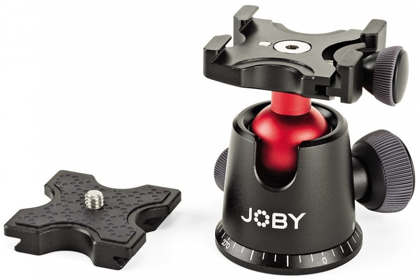 Black and red Joby tripod ball head and quick release plate on white background.