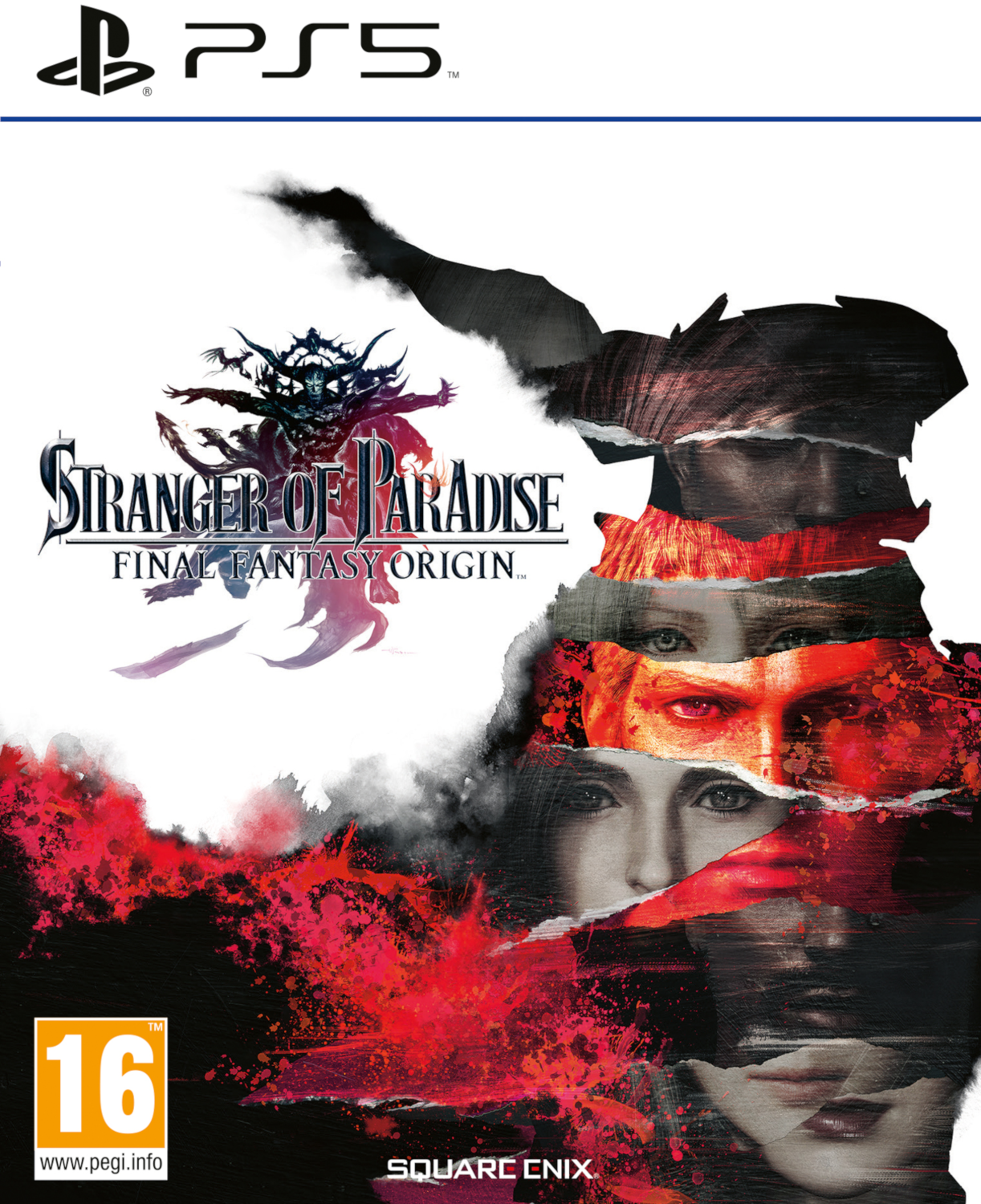 Gamecover met een fantasiekarakter en de titel 'Stranger of Paradise: Final Fantasy Origin' met PS5-logo.