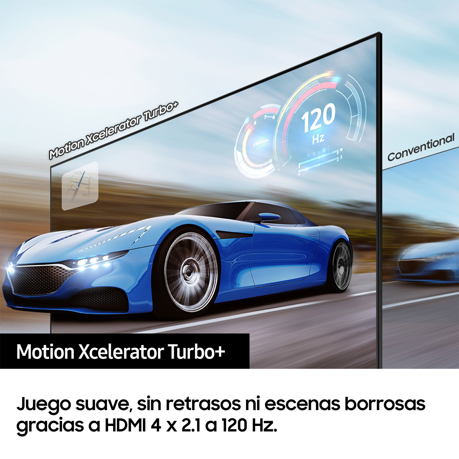 Una pantalla de TV muestra un coche azul corriendo en una pista. Las palabras Motion Xcelerator Turbo+ son visibles.