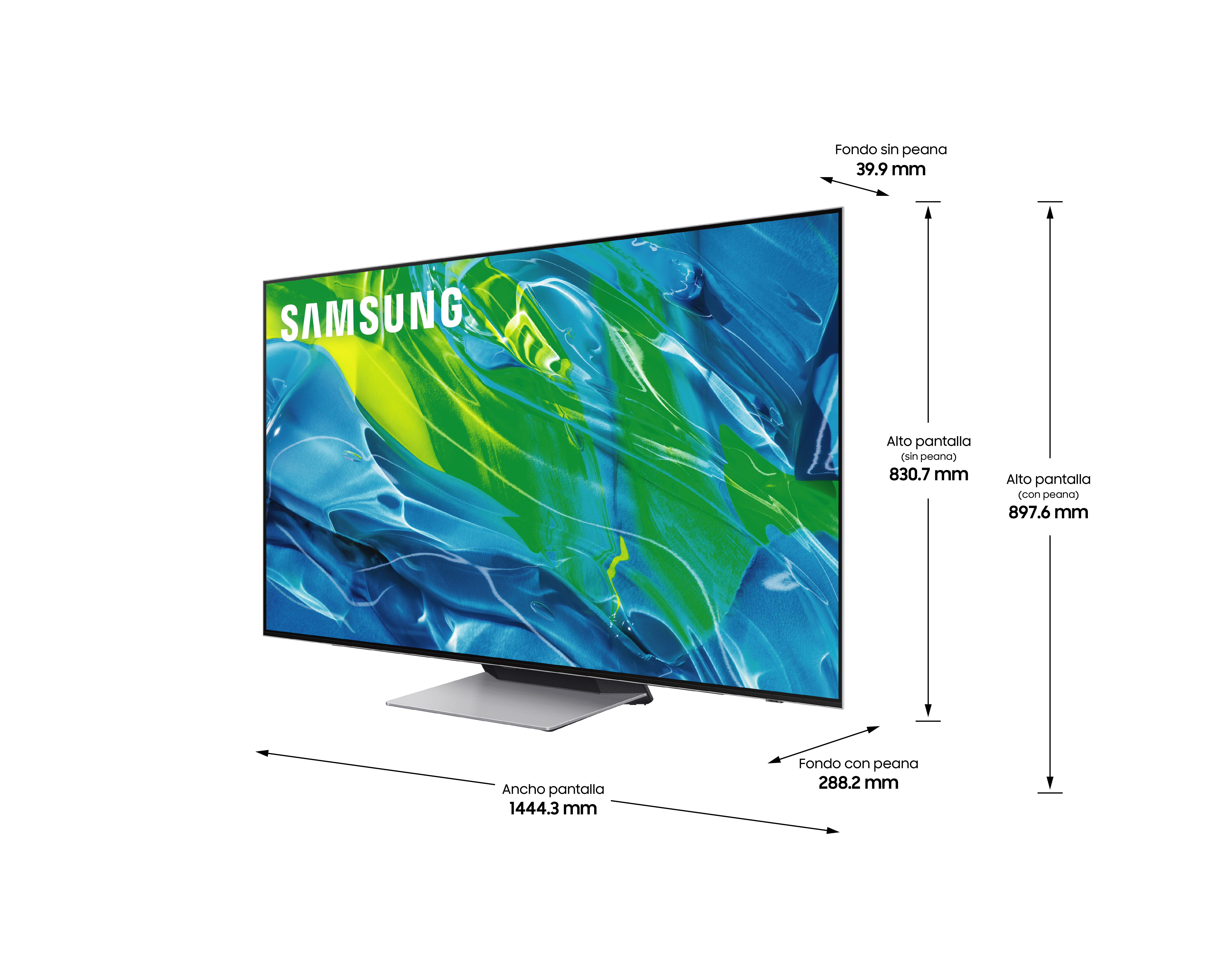 Un televisor grande con el logotipo de Samsung y mediciones etiquetadas.