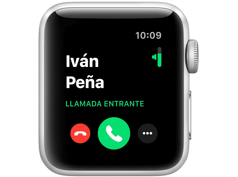 Pantalla del Apple Watch con una interfaz de llamada en español. Muestra el nombre Iván Peña y un icono de teléfono verde.