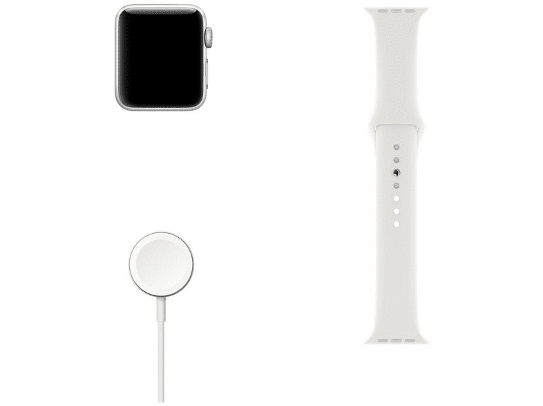 Apple Watch, correa blanca y cargador sobre fondo blanco.
