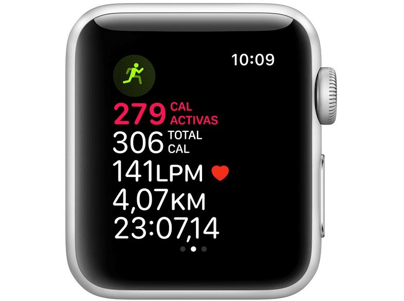 Apple Watch mostrando datos de fitness: calorías, tiempo, frecuencia cardíaca, distancia y duración.