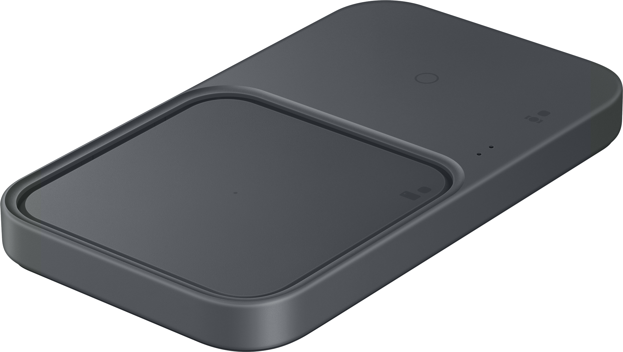 Black wireless charging pad with two charging areas and lights.