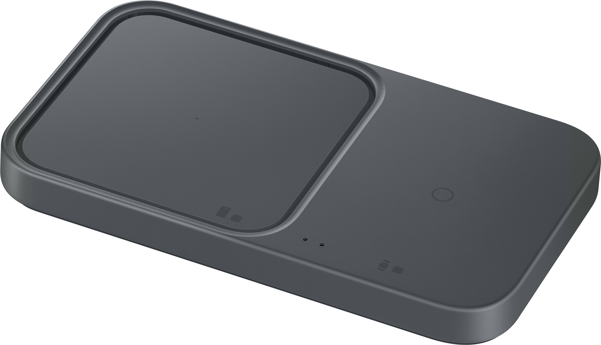 A black Samsung wireless charging pad on a black background.