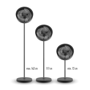 Drei schwarze Ventilatoren unterschiedlicher Höhe, mit Höhenangaben.