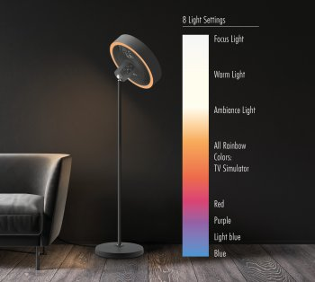 Schwarzer Ventilator mit Lichtring. Farbeinstellungen: Fokus, warm, Ambiente, Regenbogen, Blau.