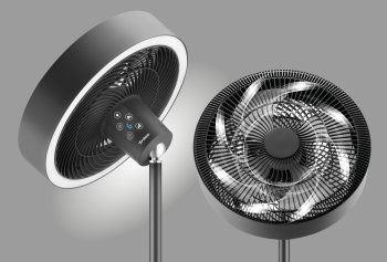 Nahaufnahme eines schwarzen Ventilators. Der Ventilator hat einen weißen Ring und ein Bedienfeld.