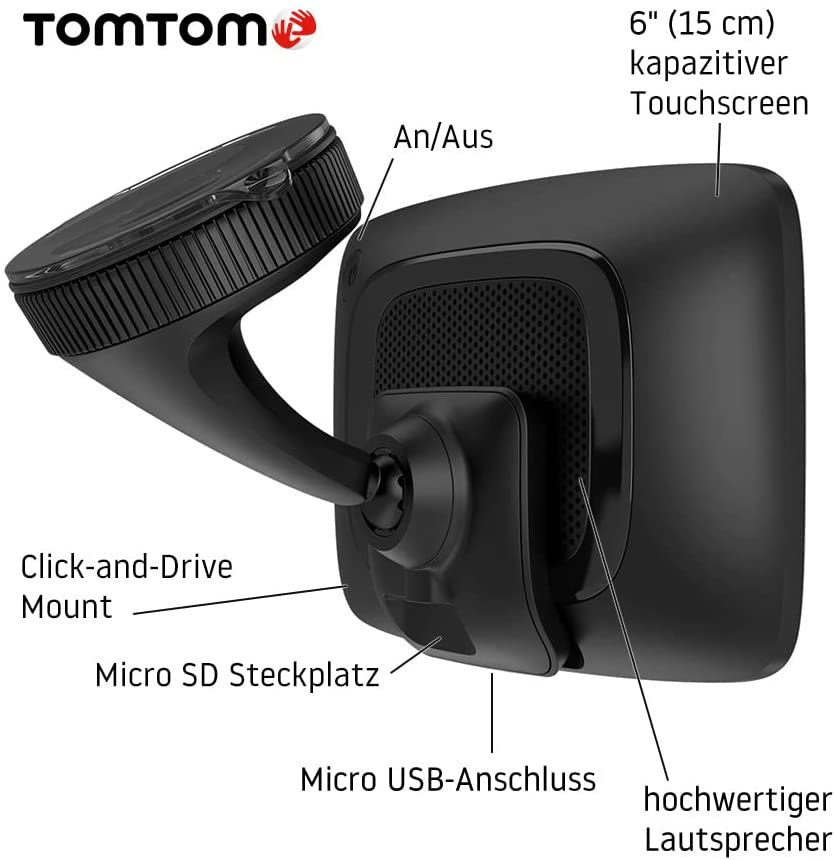 Dispositivo di navigazione TomTom nero con touchscreen e staffa di montaggio. Etichette di testo indicano le funzioni.