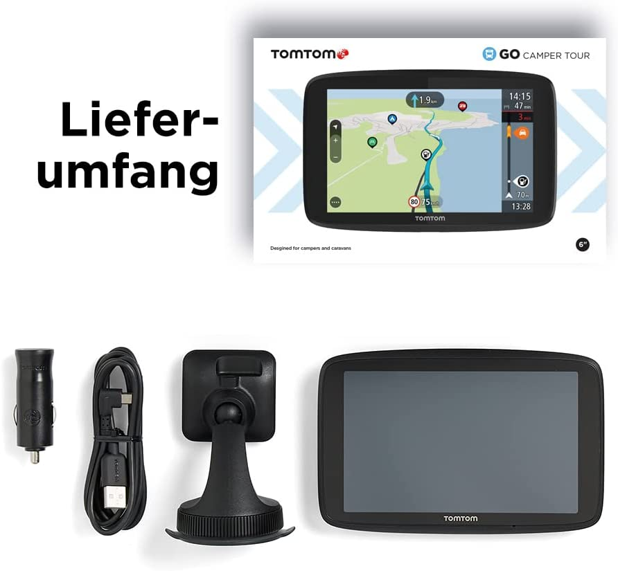 Un dispositivo GPS TomTom e accessori, tra cui un caricabatterie e un supporto.