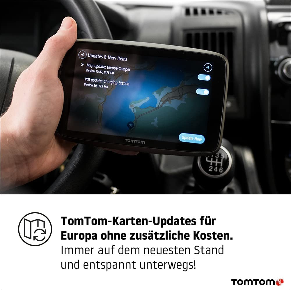 Uno schermo GPS TomTom, che mostra una mappa e le opzioni di aggiornamento. Testo in tedesco.