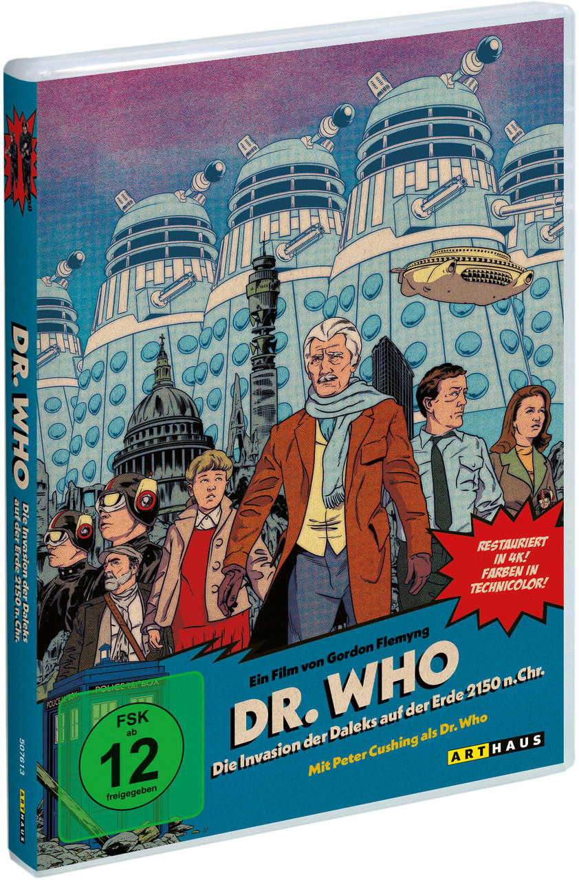DVD-Hülle von Dr. Who. Menschen stehen vor den Daleks und Gebäuden.