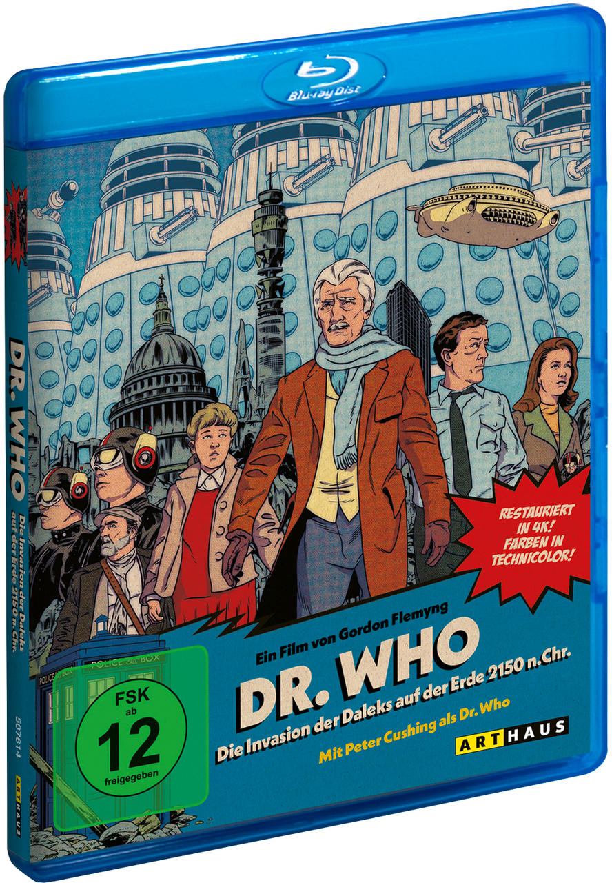 Blu-ray-Cover von "Dr. Who" mit Comic-Art, zeigt die Daleks und Charaktere.