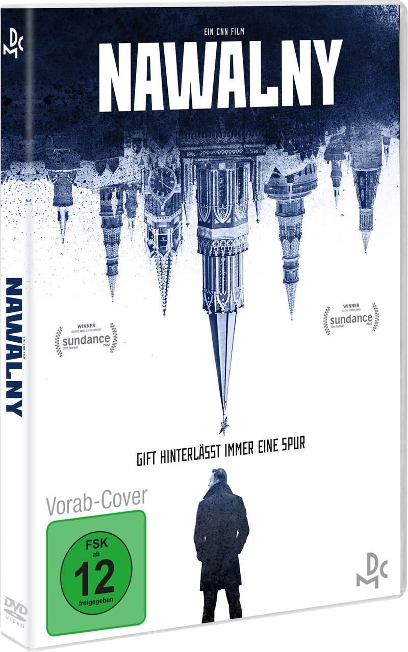 DVD-Cover des Films 'NAWALNY'. Das Bild zeigt ein umgekehrtes Gebäude. Ein Mann steht.
