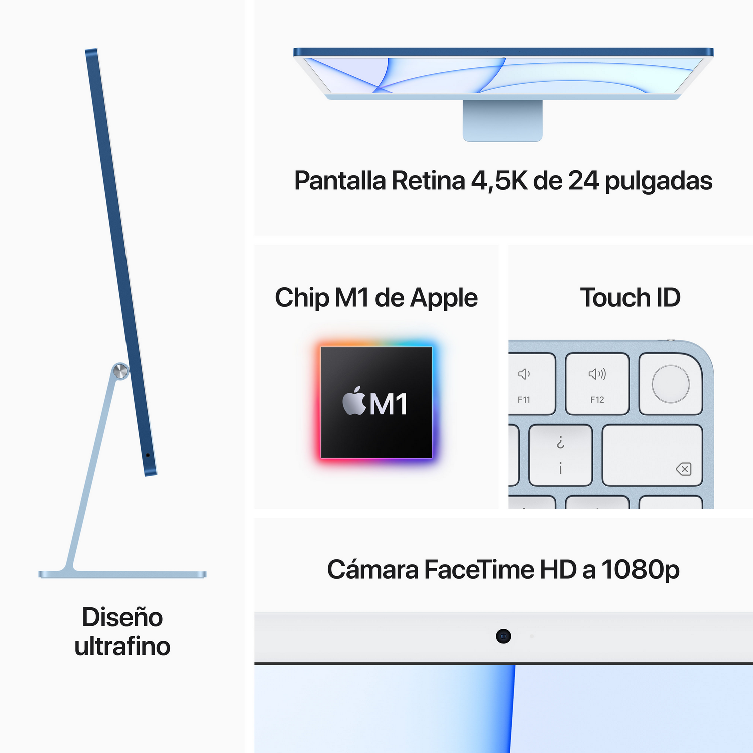 iMac azul, con pantalla Retina, chip M1, Touch ID y cámara FaceTime HD.