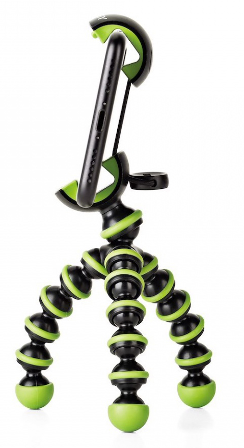 Flexibel telefoonstatief. Zwart en groen. Telefoonhouder, flexibele poten.