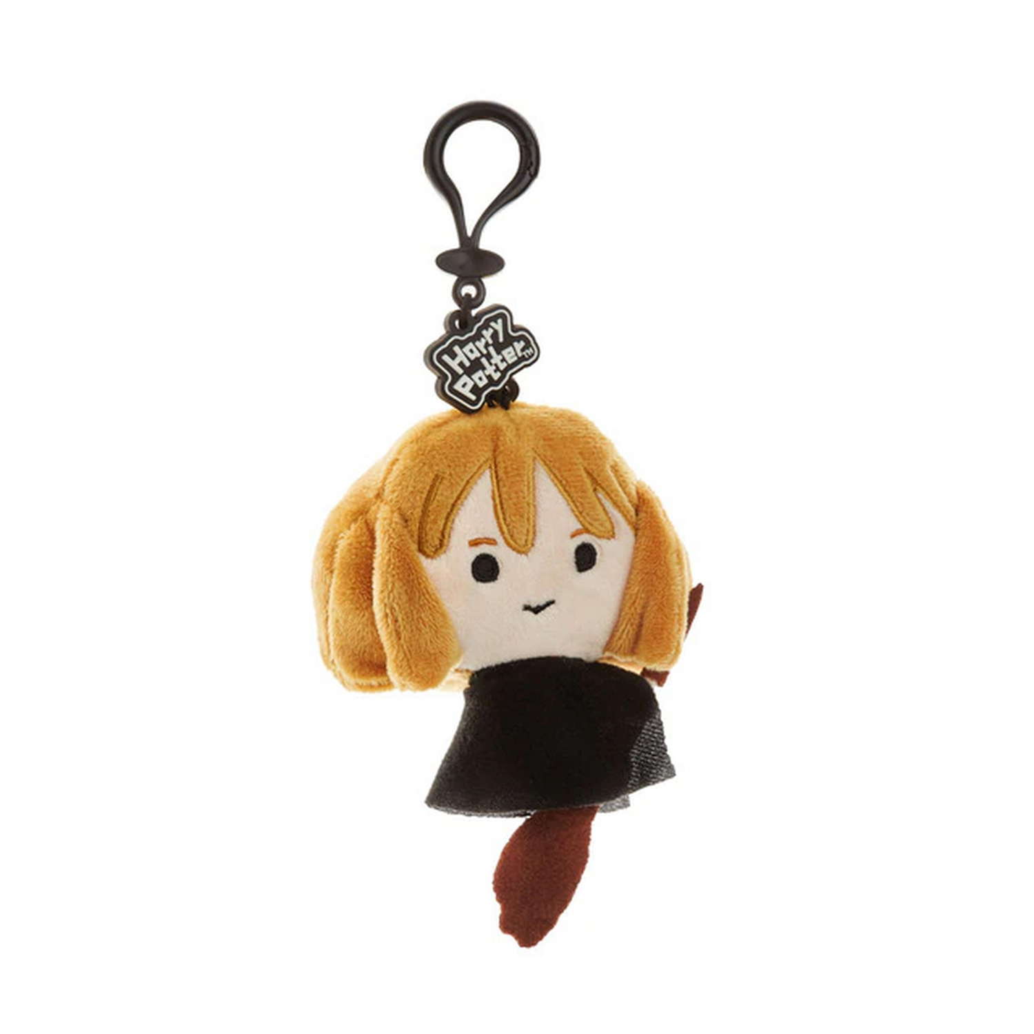 Llavero de peluche de Hermione Granger de Harry Potter. Pelo rubio, vestido negro y clip negro.