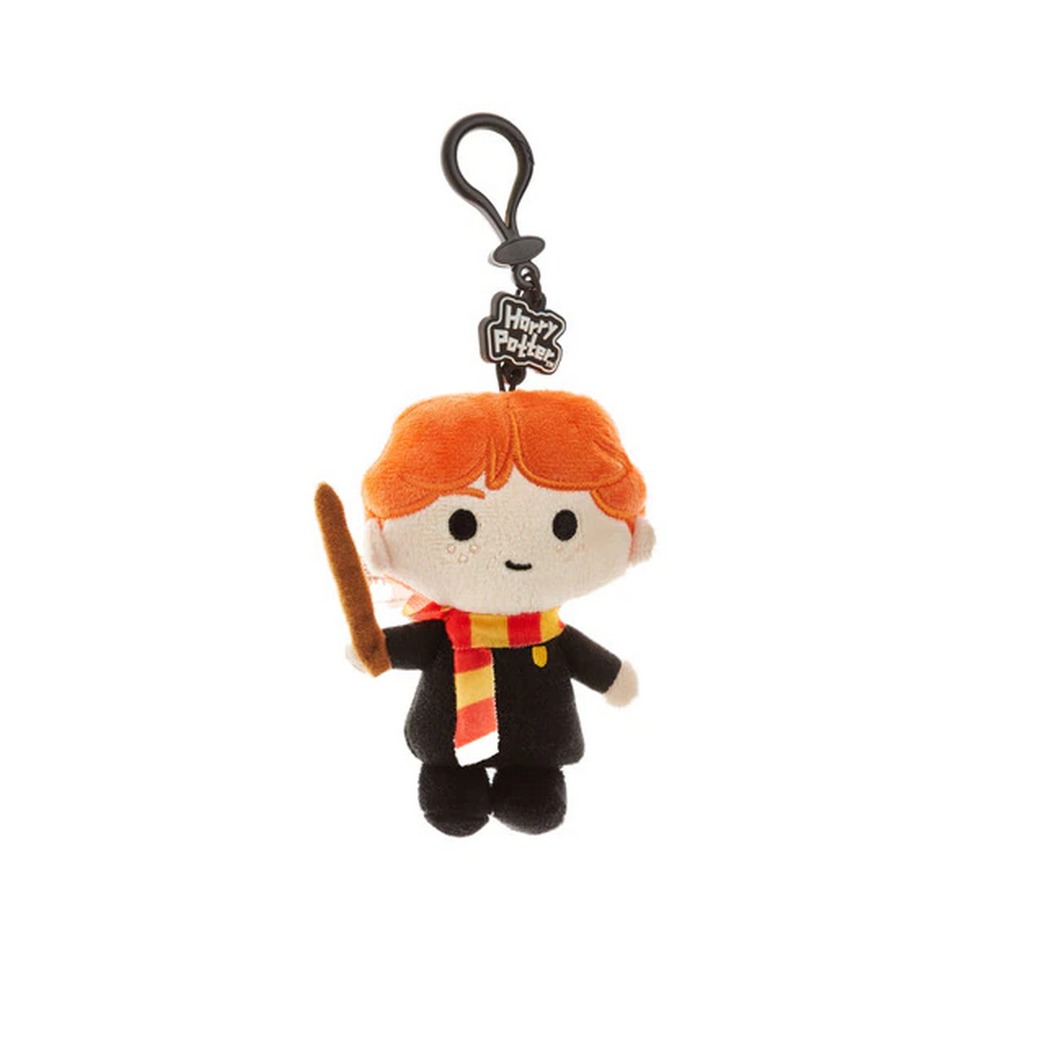 Llavero de peluche de Ron Weasley. Viste uniforme escolar negro y sostiene una varita.