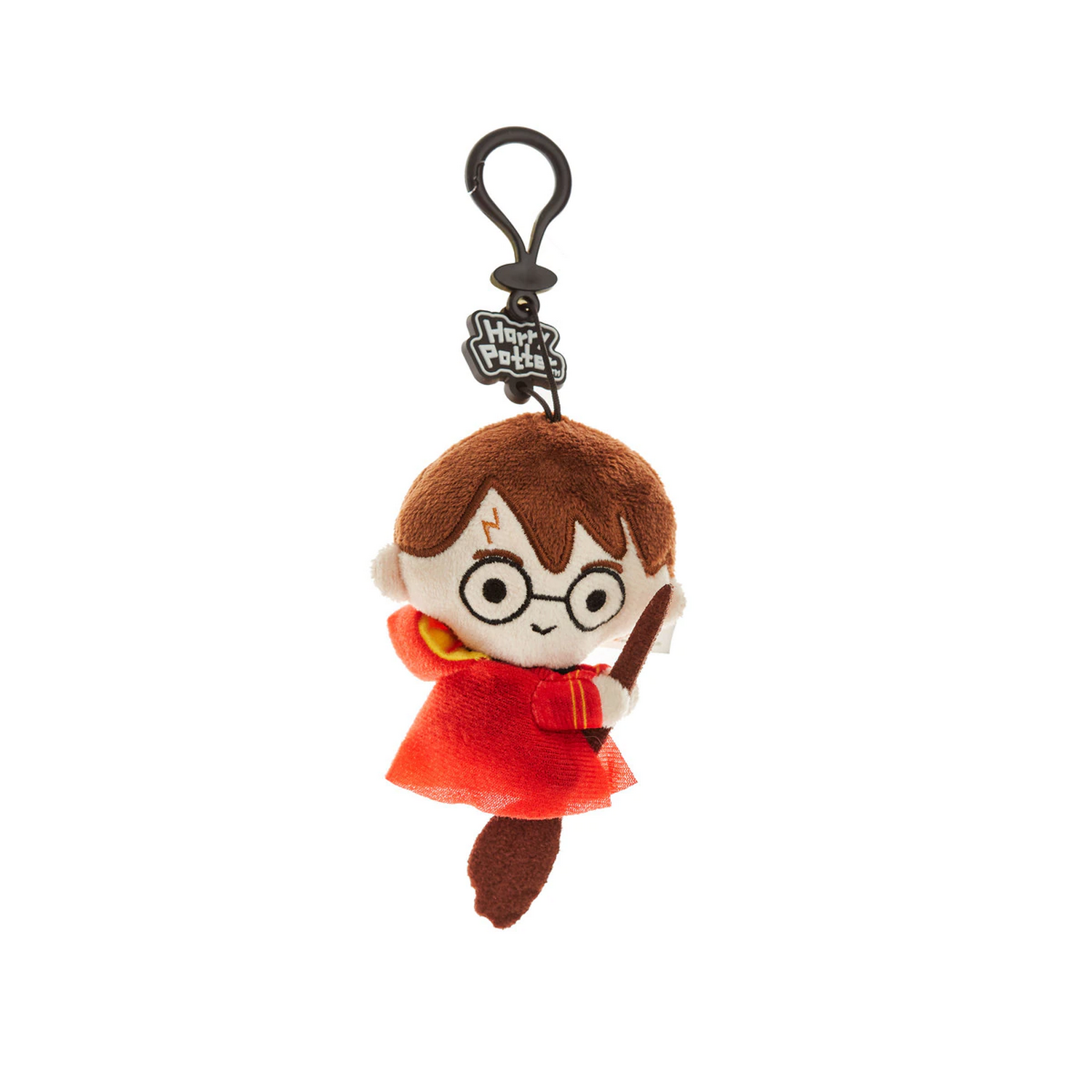 Llavero de peluche de Harry Potter con túnicas rojas, sosteniendo una varita, sobre fondo blanco.