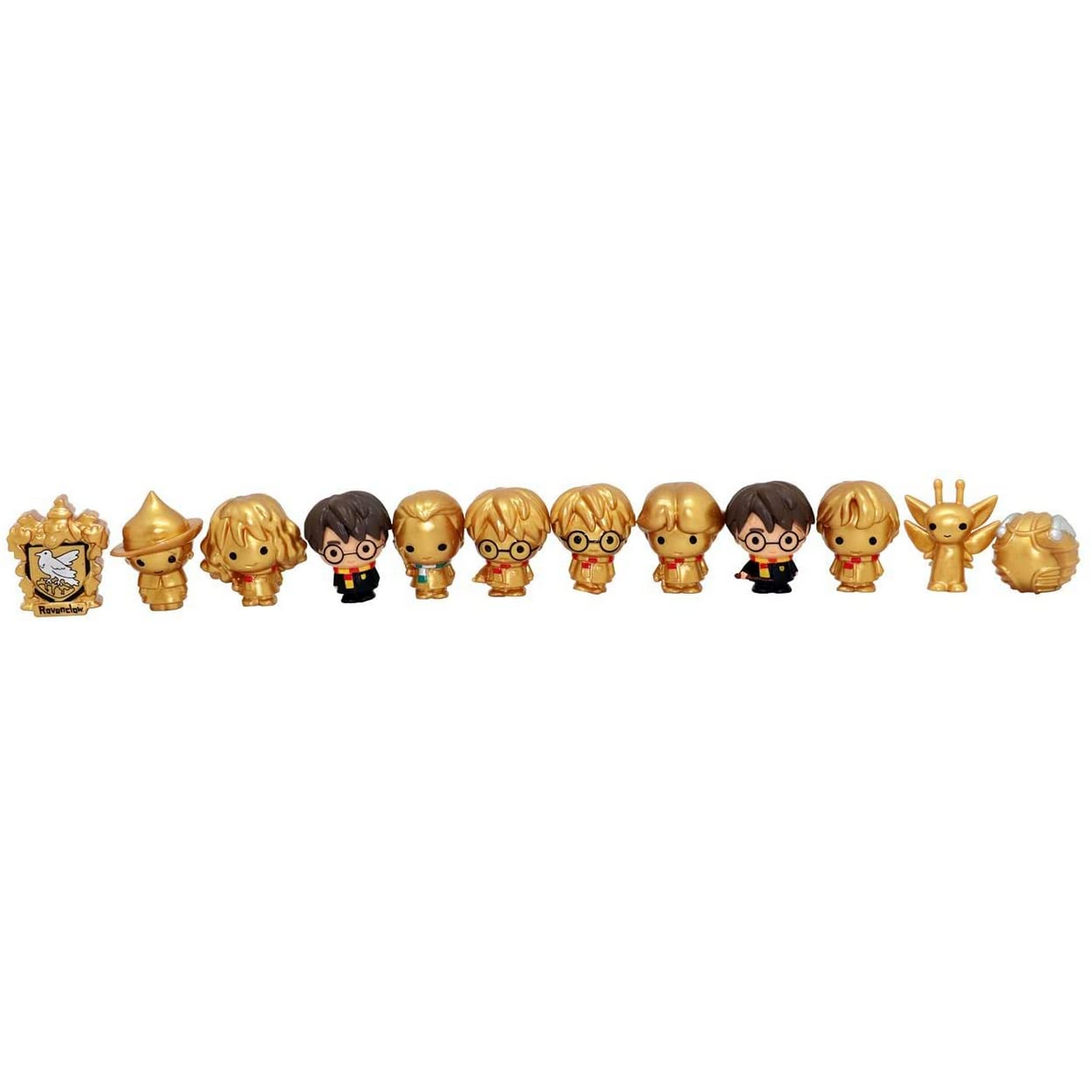 Fila de figuras doradas de Harry Potter y escudo sobre fondo blanco. Las figuras representan personajes.