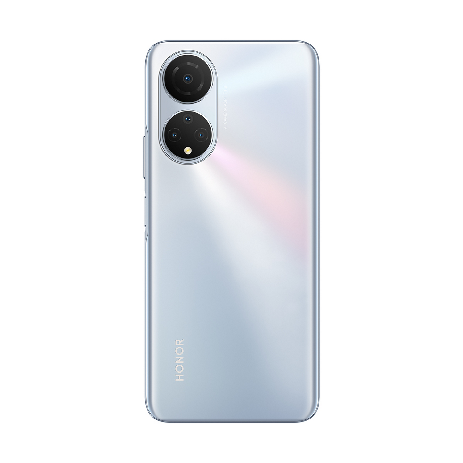 Smartphone plateado con dos cámaras. La parte trasera tiene la marca HONOR.