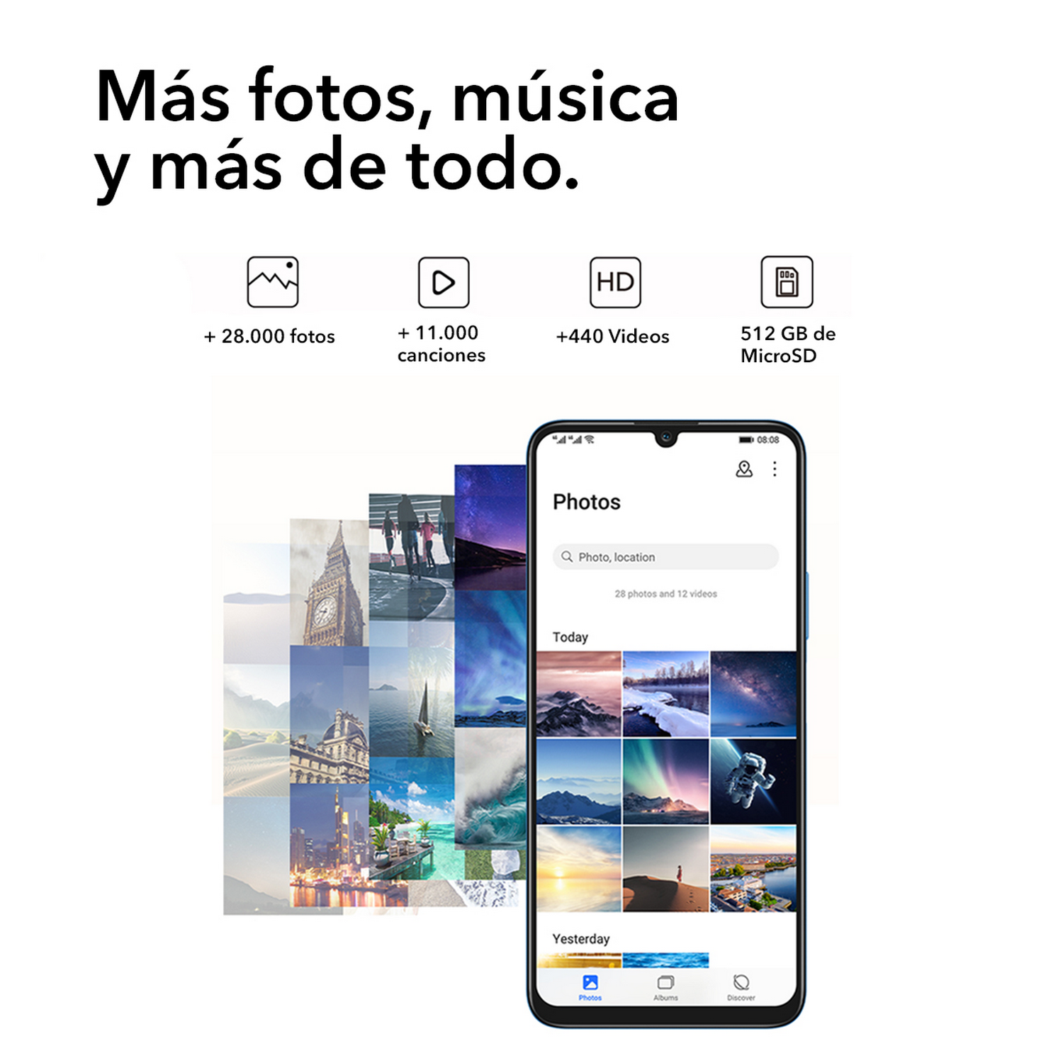 Teléfono mostrando la app de fotos. Imagen de fotos, música y más. Fondo blanco.
