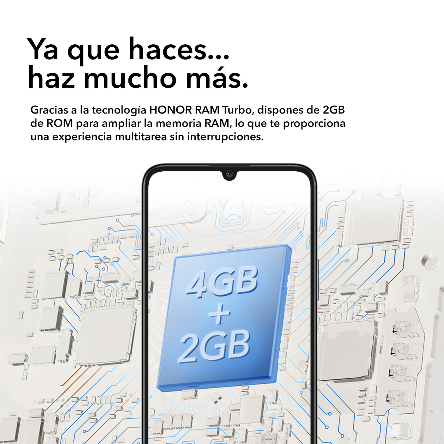 Pantalla de smartphone mostrando 4GB+2GB en azul, fondo de placa de circuito.