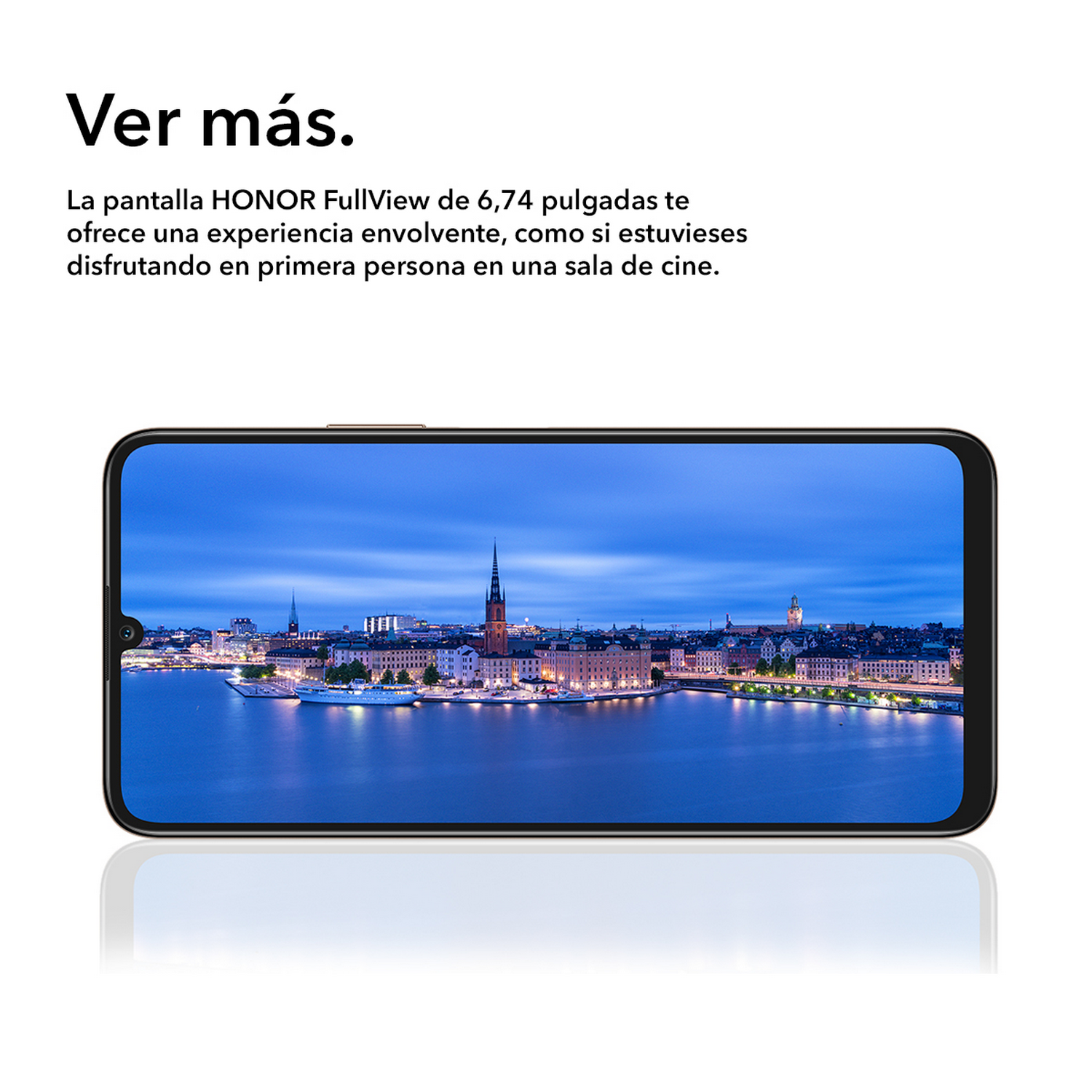 Pantalla de smartphone con horizonte de ciudad sobre agua, texto.