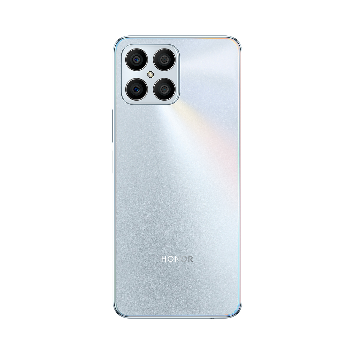 Teléfono Honor. Vista trasera que muestra la matriz de la cámara en un teléfono plateado. Fondo blanco.