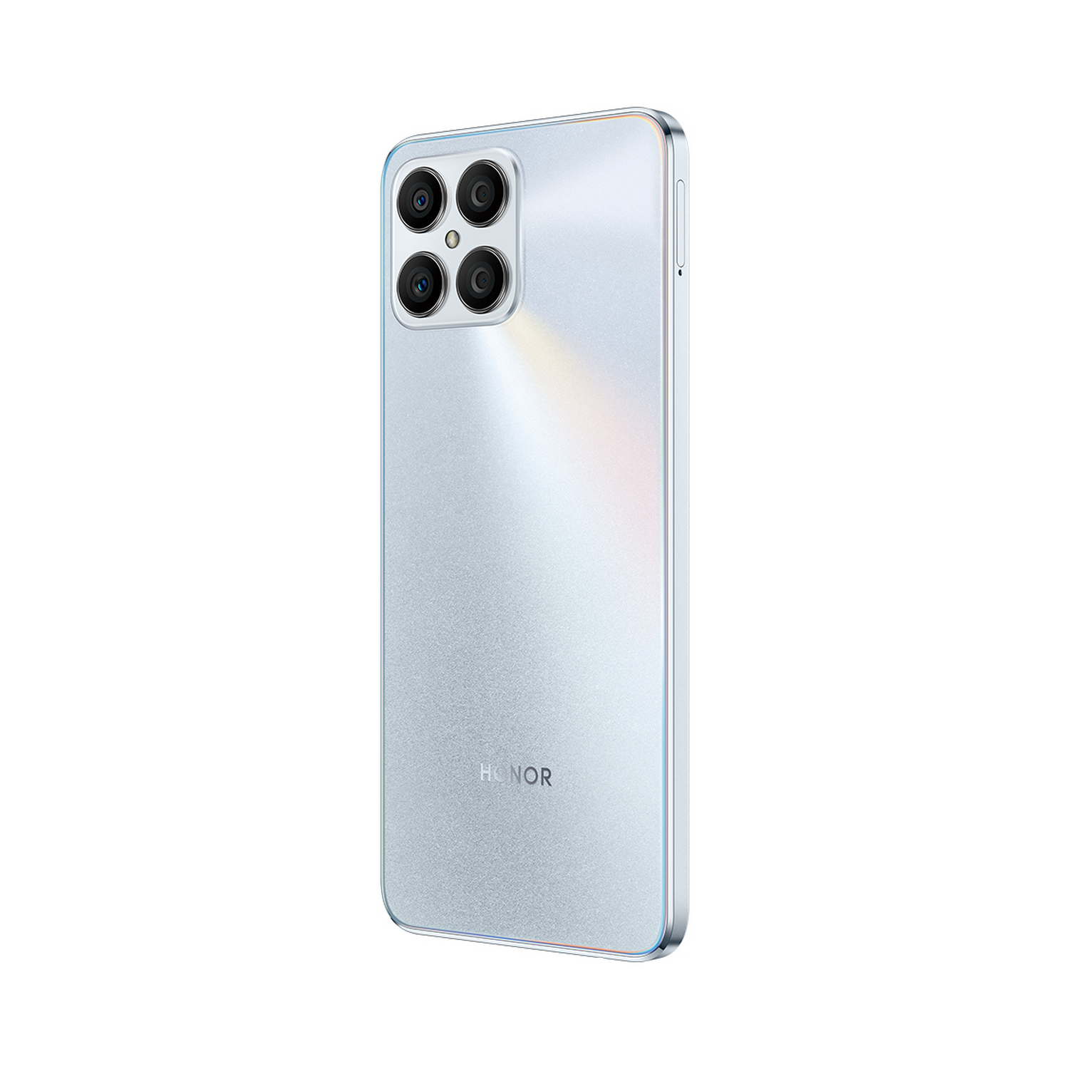 Un teléfono inteligente plateado con cuatro cámaras traseras.