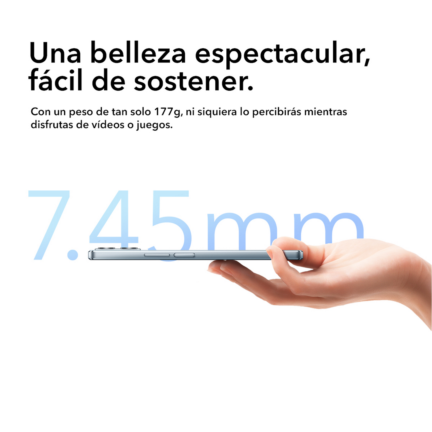 Un teléfono sobre una superficie blanca con texto en español sobre sus características.