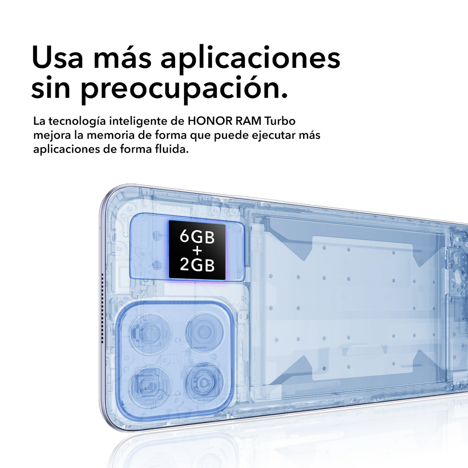 Un teléfono transparente que muestra componentes internos con texto que indica 6 GB + 2 GB de RAM.