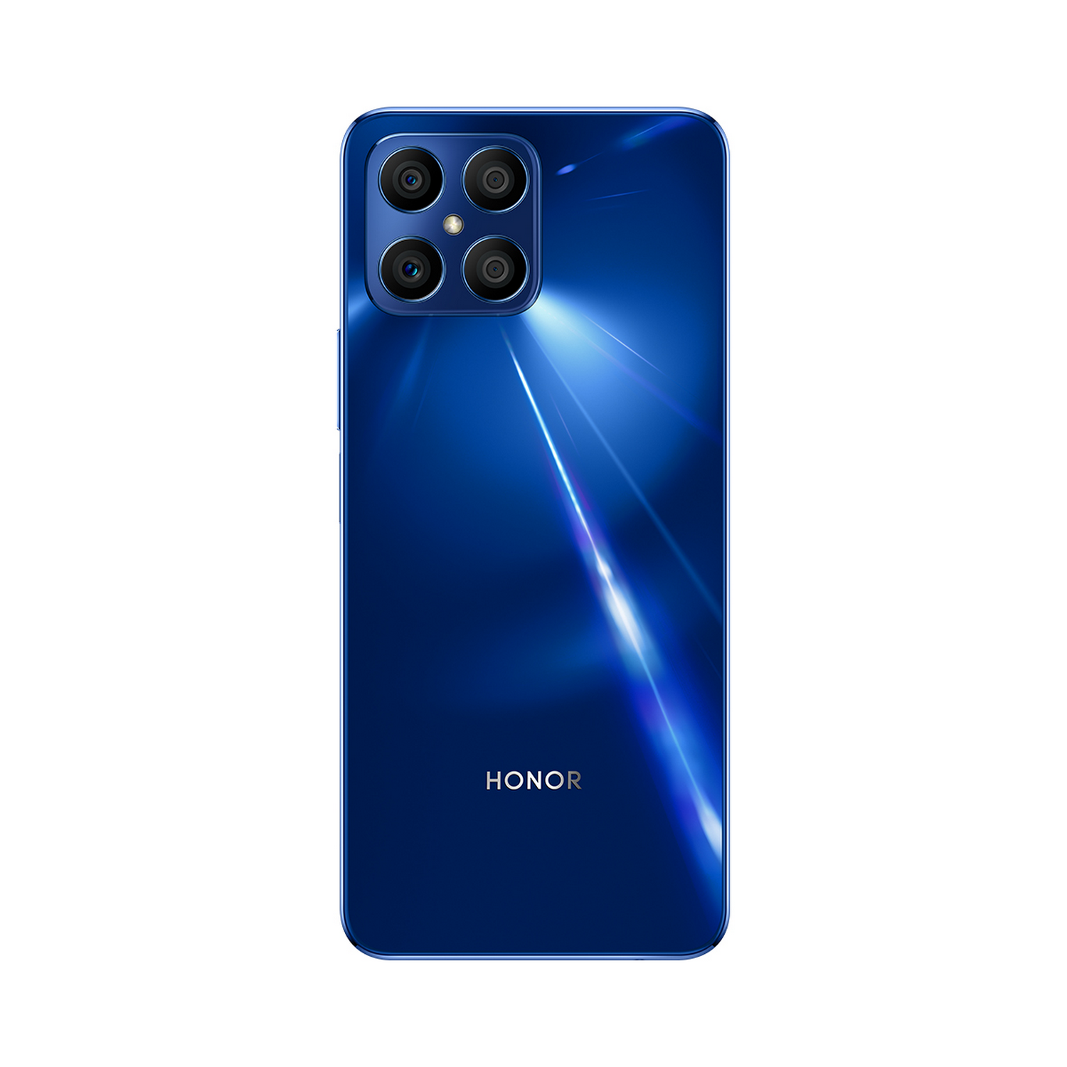 La parte trasera de un smartphone azul con cuatro cámaras y la palabra HONOR sobre fondo blanco.